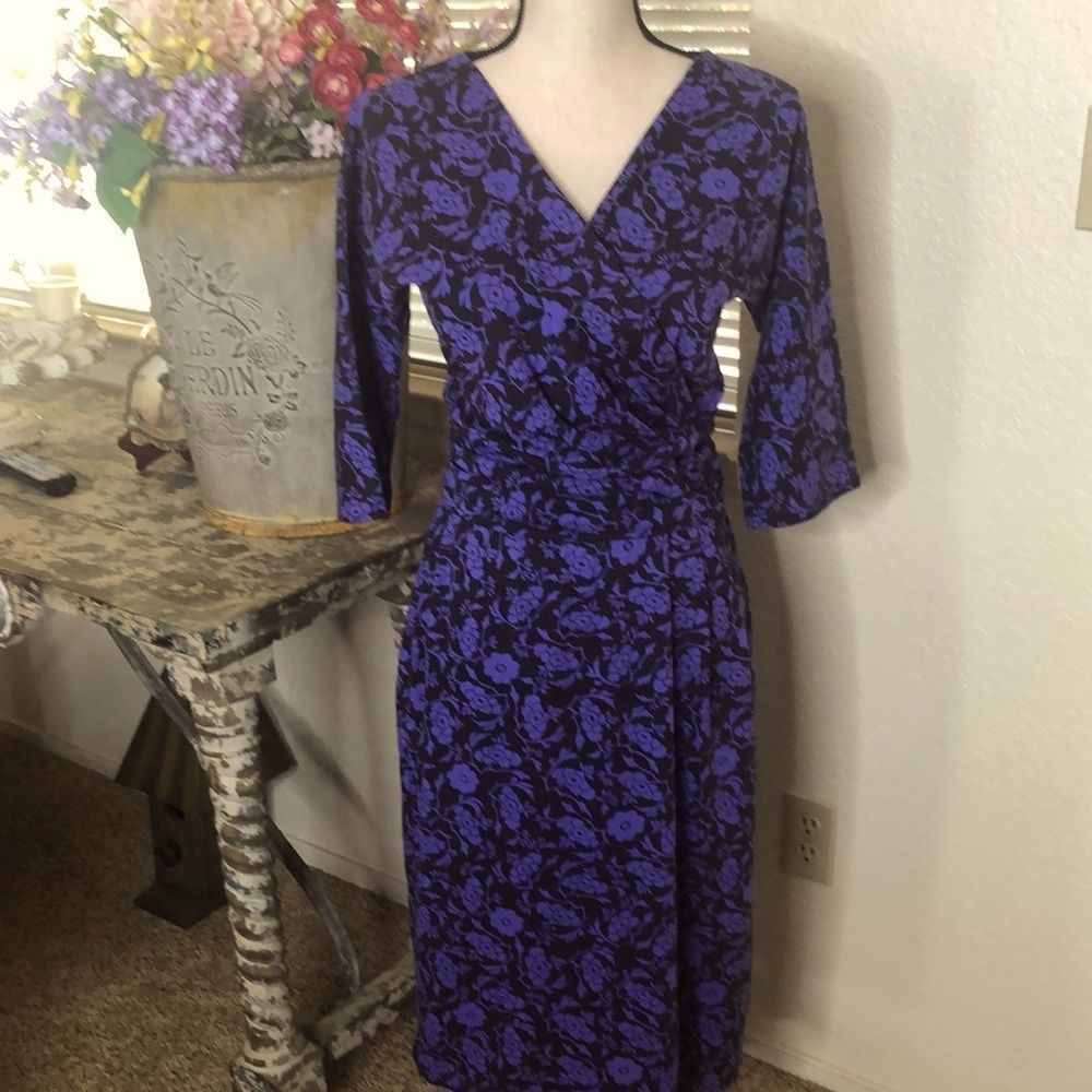 J. Peterman knit black/purple faux wrap dress